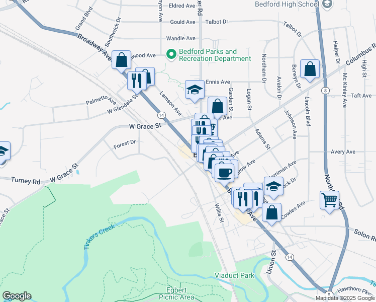 map of restaurants, bars, coffee shops, grocery stores, and more near 600 Broadway Avenue in Bedford