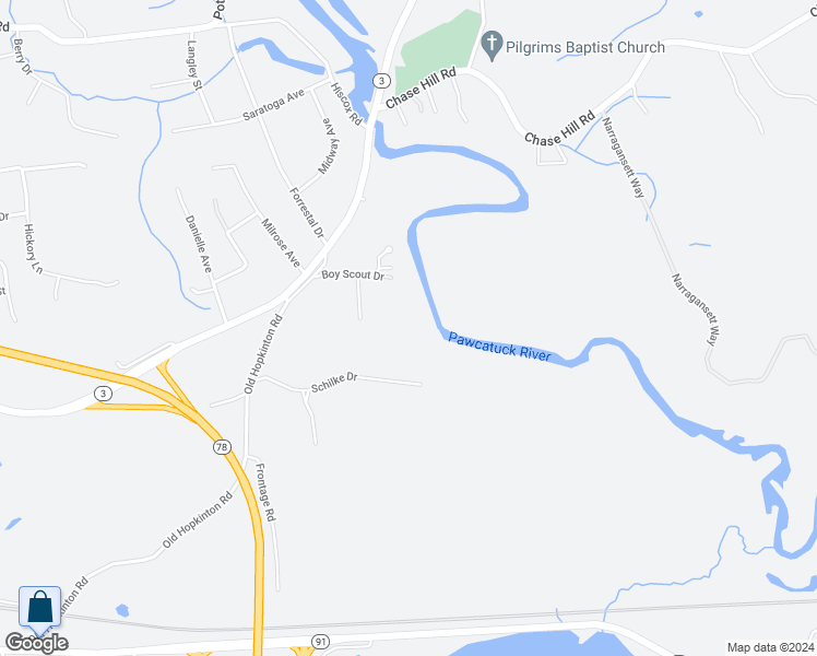map of restaurants, bars, coffee shops, grocery stores, and more near 31 Boy Scout Drive in Westerly