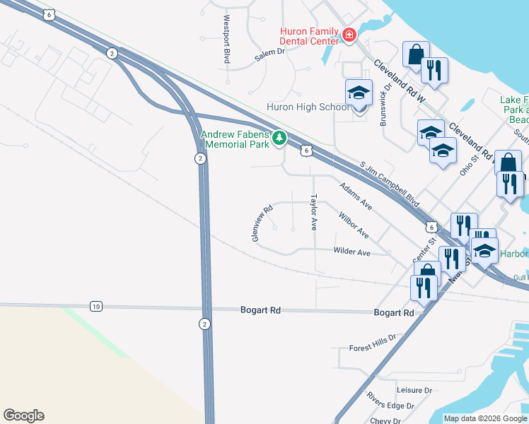 map of restaurants, bars, coffee shops, grocery stores, and more near Glenview Road in Huron