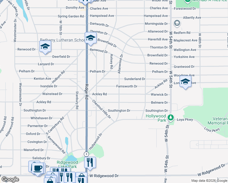 map of restaurants, bars, coffee shops, grocery stores, and more near 6610 Farnsworth Drive in Parma