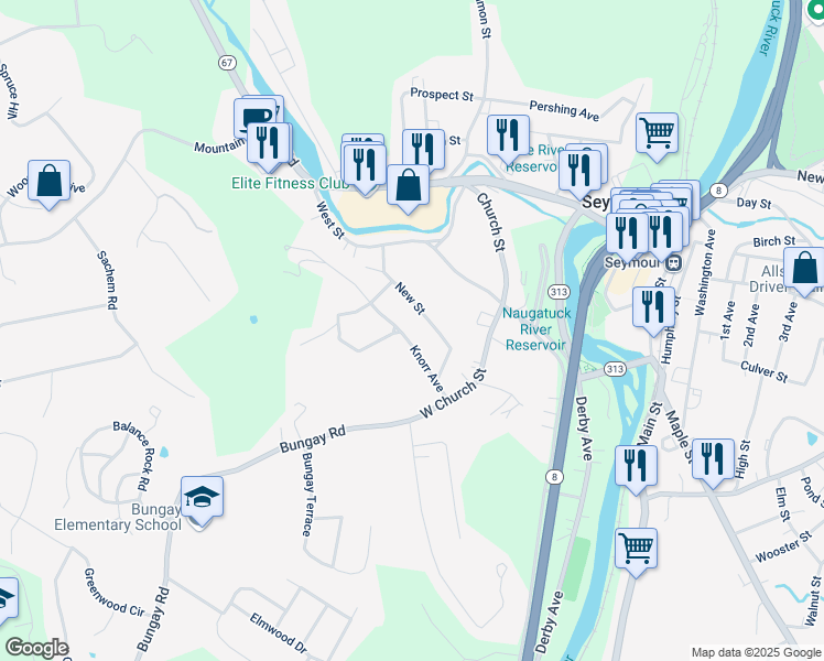 map of restaurants, bars, coffee shops, grocery stores, and more near 60 New Street in Seymour