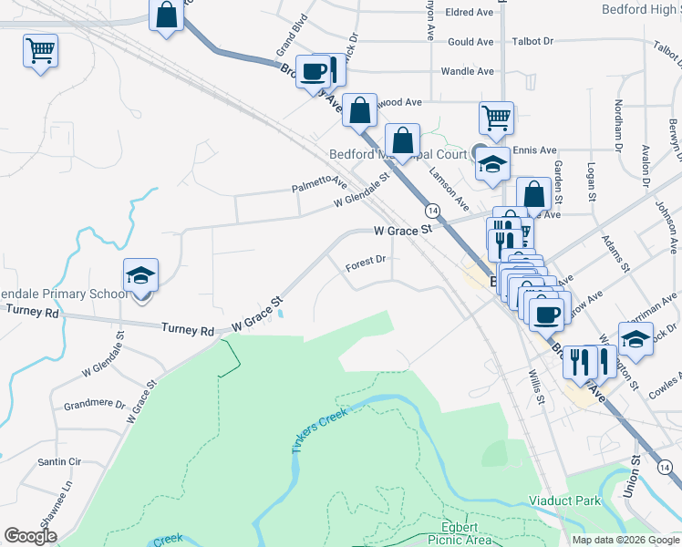 map of restaurants, bars, coffee shops, grocery stores, and more near 25 Oakwood Avenue in Bedford