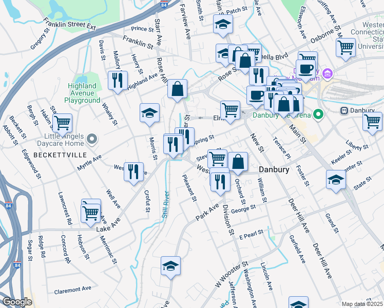 map of restaurants, bars, coffee shops, grocery stores, and more near 46 Spring Street in Danbury