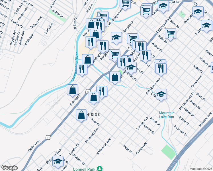 map of restaurants, bars, coffee shops, grocery stores, and more near 1200 Cedar Avenue in Scranton