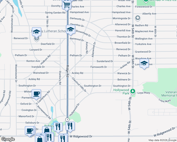 map of restaurants, bars, coffee shops, grocery stores, and more near 6610 Farnsworth Drive in Parma