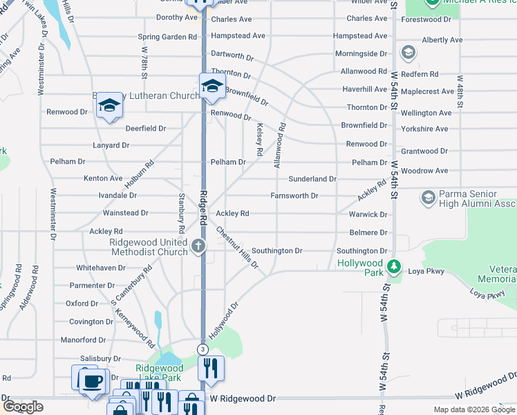 map of restaurants, bars, coffee shops, grocery stores, and more near 6610 Farnsworth Drive in Parma