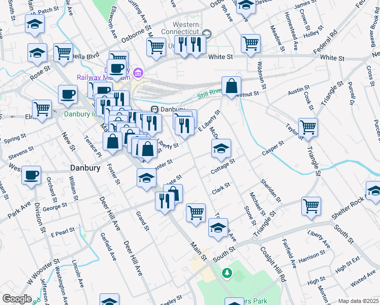 map of restaurants, bars, coffee shops, grocery stores, and more near 139 Center Street in Danbury