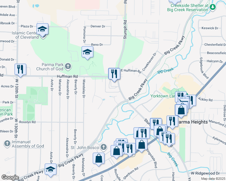 map of restaurants, bars, coffee shops, grocery stores, and more near 6230 Stumph Road in Parma Heights