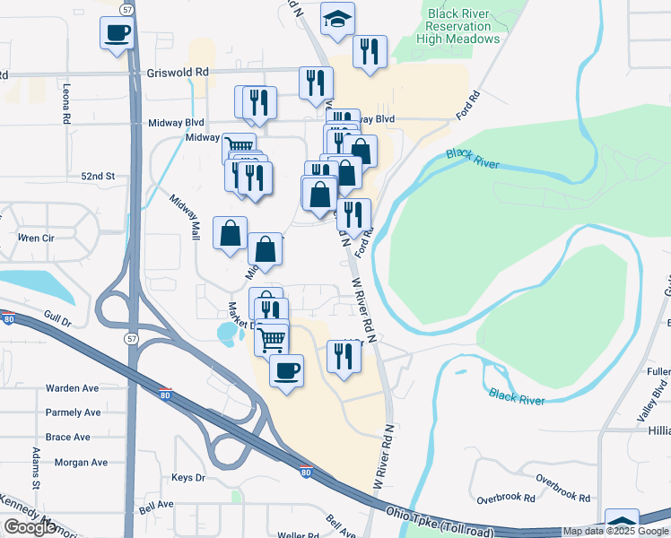 map of restaurants, bars, coffee shops, grocery stores, and more near 1448 West River Road North in Elyria