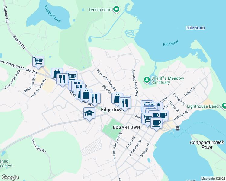 map of restaurants, bars, coffee shops, grocery stores, and more near 36 Norton Orchard Road in Edgartown