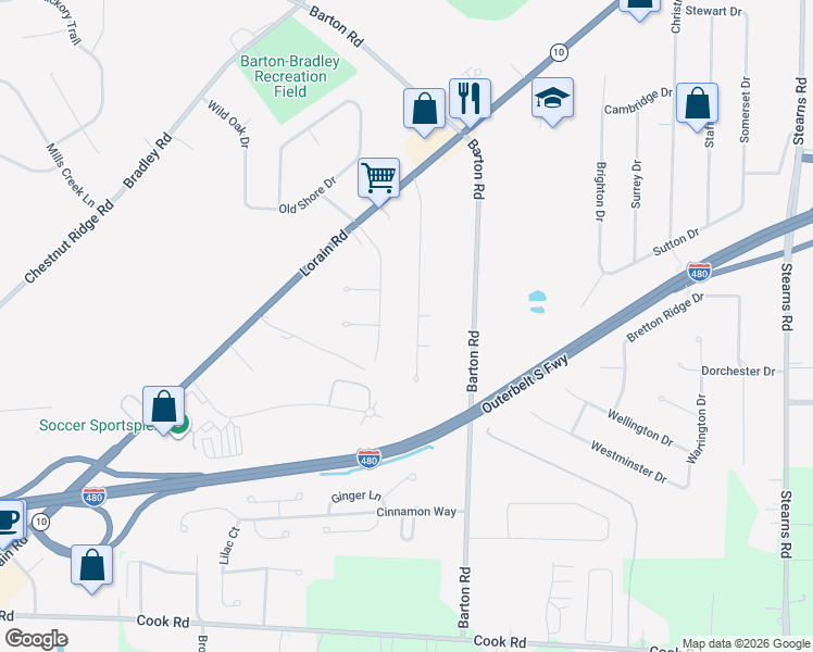 map of restaurants, bars, coffee shops, grocery stores, and more near 6667 Charles Road in North Olmsted