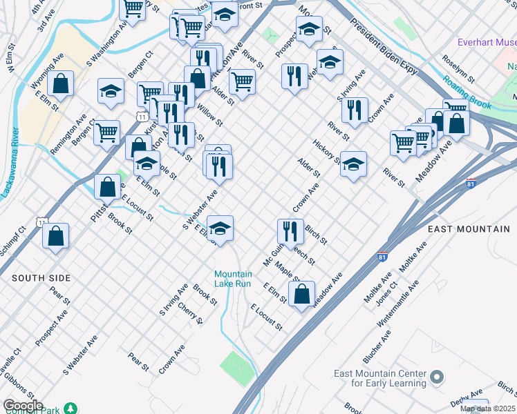map of restaurants, bars, coffee shops, grocery stores, and more near 801 South Irving Avenue in Scranton