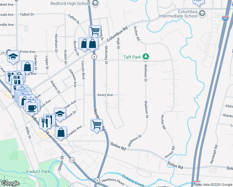 map of restaurants, bars, coffee shops, grocery stores, and more near 814 High Street in Bedford