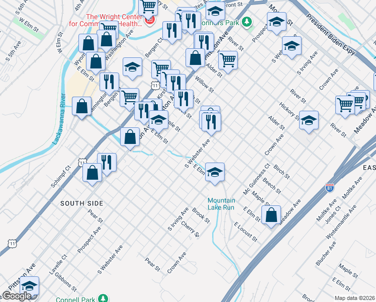 map of restaurants, bars, coffee shops, grocery stores, and more near 636 Maple Street in Scranton