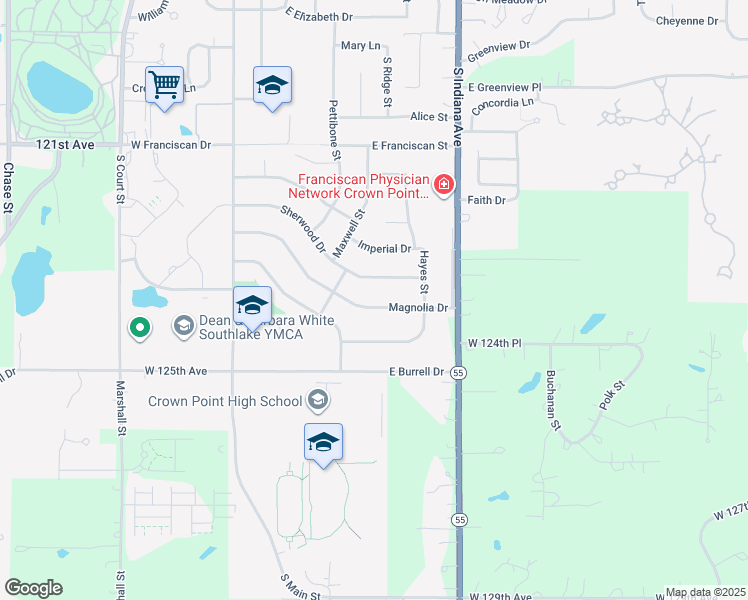 map of restaurants, bars, coffee shops, grocery stores, and more near 545 Sherwood Drive in Crown Point