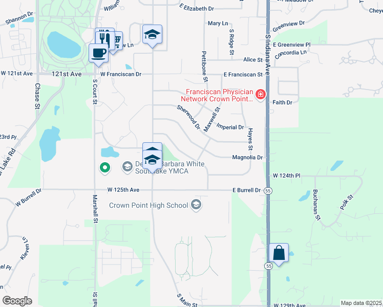 map of restaurants, bars, coffee shops, grocery stores, and more near 401 Magnolia Dr in Crown Point