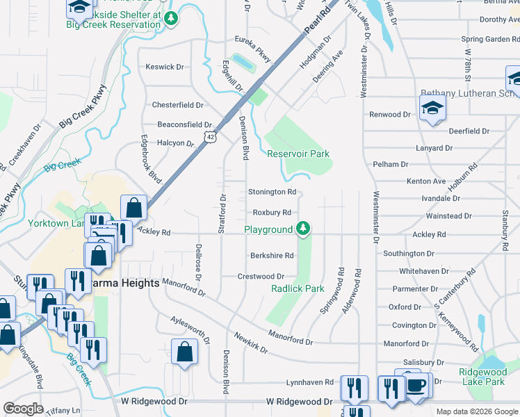 map of restaurants, bars, coffee shops, grocery stores, and more near 6229 Denison Boulevard in Parma Heights