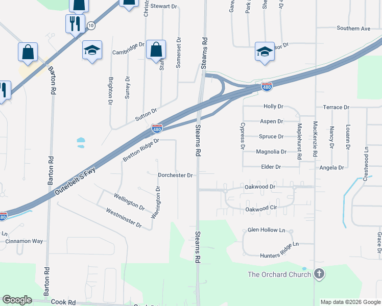 map of restaurants, bars, coffee shops, grocery stores, and more near 6645 Chadbourne Drive in North Olmsted