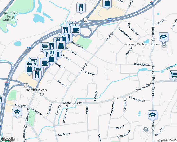 map of restaurants, bars, coffee shops, grocery stores, and more near 140 Pool Road in North Haven