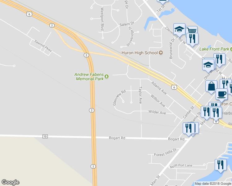 map of restaurants, bars, coffee shops, grocery stores, and more near 901 Glenview Road in Huron
