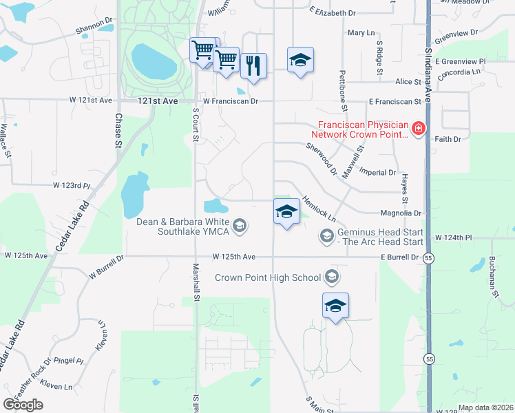 map of restaurants, bars, coffee shops, grocery stores, and more near in Crown Point