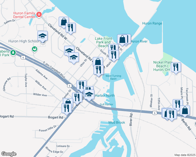 map of restaurants, bars, coffee shops, grocery stores, and more near 342 Main Street in Huron