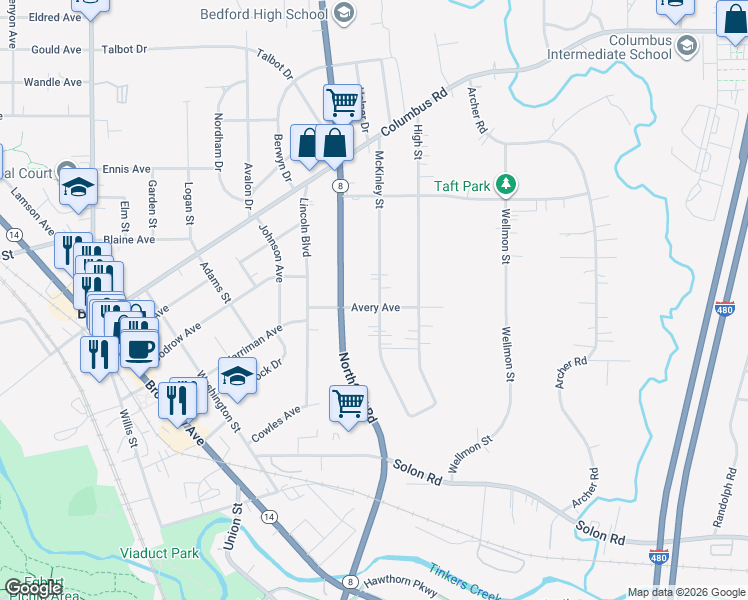 map of restaurants, bars, coffee shops, grocery stores, and more near 774 Mc Kinley Avenue in Bedford