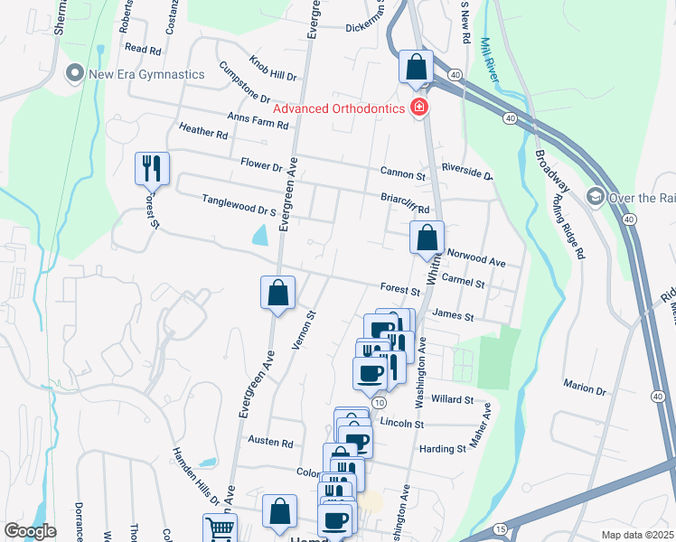 map of restaurants, bars, coffee shops, grocery stores, and more near 117 Forest Street in Hamden