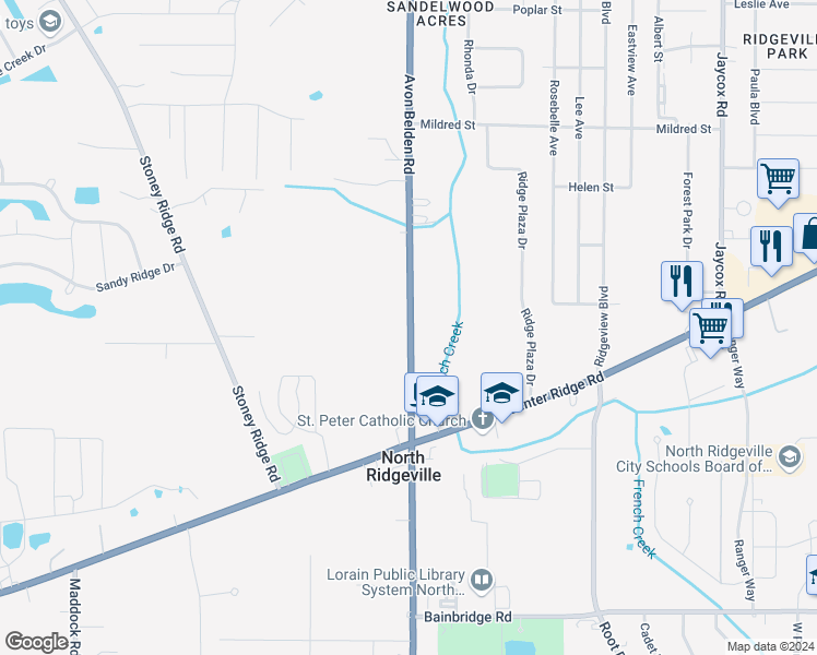 map of restaurants, bars, coffee shops, grocery stores, and more near 6678 Ohio 83 in North Ridgeville