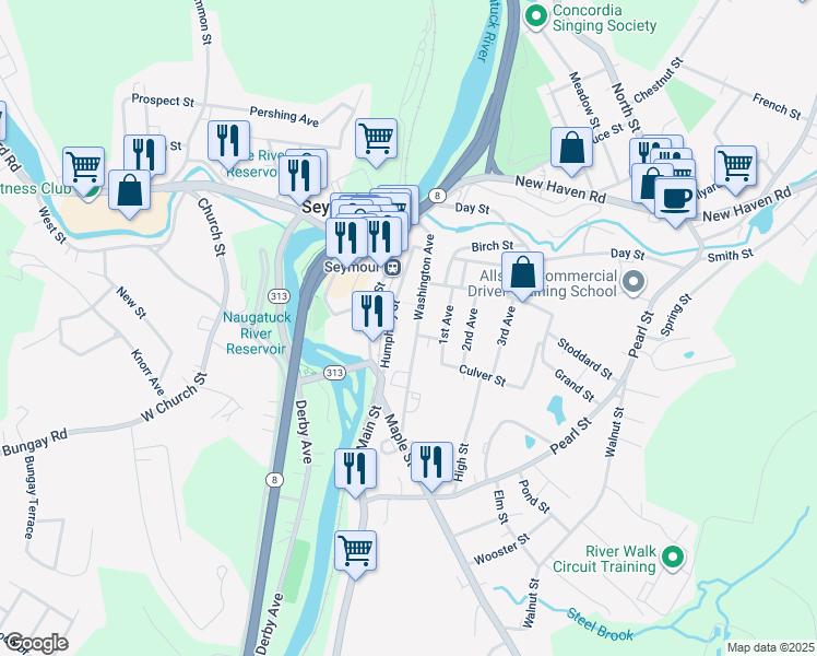 map of restaurants, bars, coffee shops, grocery stores, and more near 56 Humphrey Street in Seymour