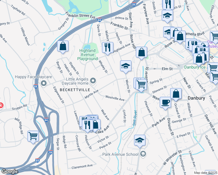 map of restaurants, bars, coffee shops, grocery stores, and more near 2 Myrtle Avenue in Danbury