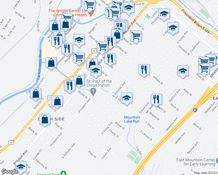 map of restaurants, bars, coffee shops, grocery stores, and more near 1023 Prospect Avenue in Scranton