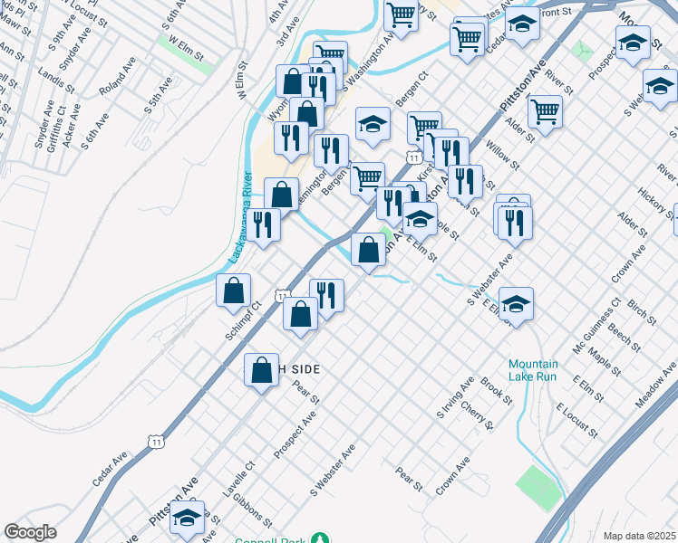 map of restaurants, bars, coffee shops, grocery stores, and more near 1200 Cedar Avenue in Scranton