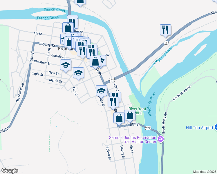 map of restaurants, bars, coffee shops, grocery stores, and more near 1030 Liberty Street in Franklin