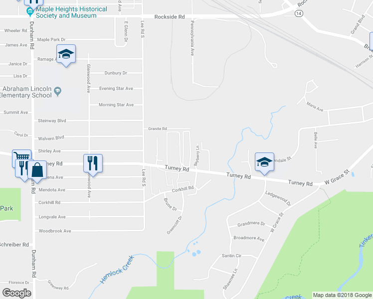 map of restaurants, bars, coffee shops, grocery stores, and more near 636 Turney Road in Bedford