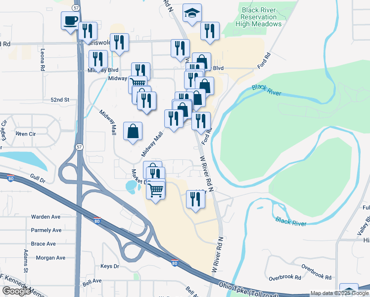 map of restaurants, bars, coffee shops, grocery stores, and more near 1500 West River Road North in Elyria