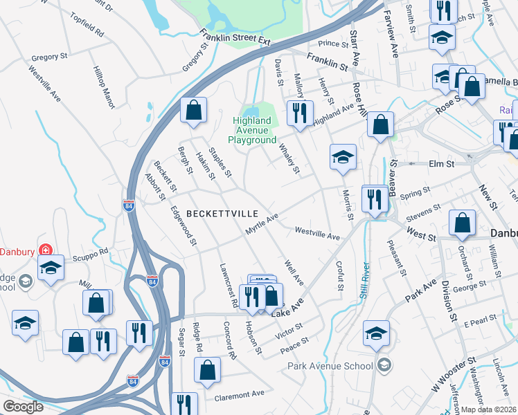 map of restaurants, bars, coffee shops, grocery stores, and more near 73 Westville Avenue in Danbury