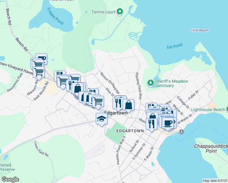 map of restaurants, bars, coffee shops, grocery stores, and more near 36 Norton Orchard Road in Edgartown