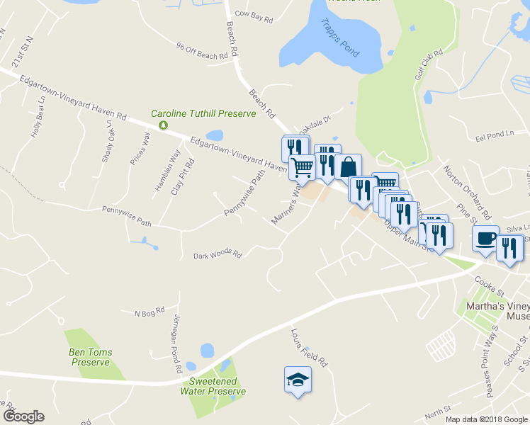 map of restaurants, bars, coffee shops, grocery stores, and more near 9 Mariners Circle in Edgartown