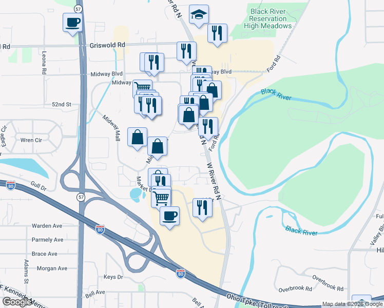 map of restaurants, bars, coffee shops, grocery stores, and more near 1500 West River Road North in Elyria