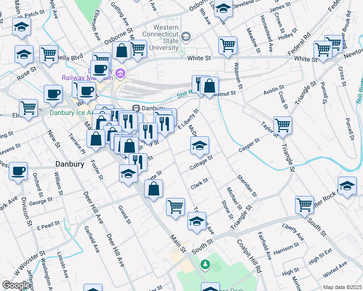 map of restaurants, bars, coffee shops, grocery stores, and more near 5 Prospect Street in Danbury