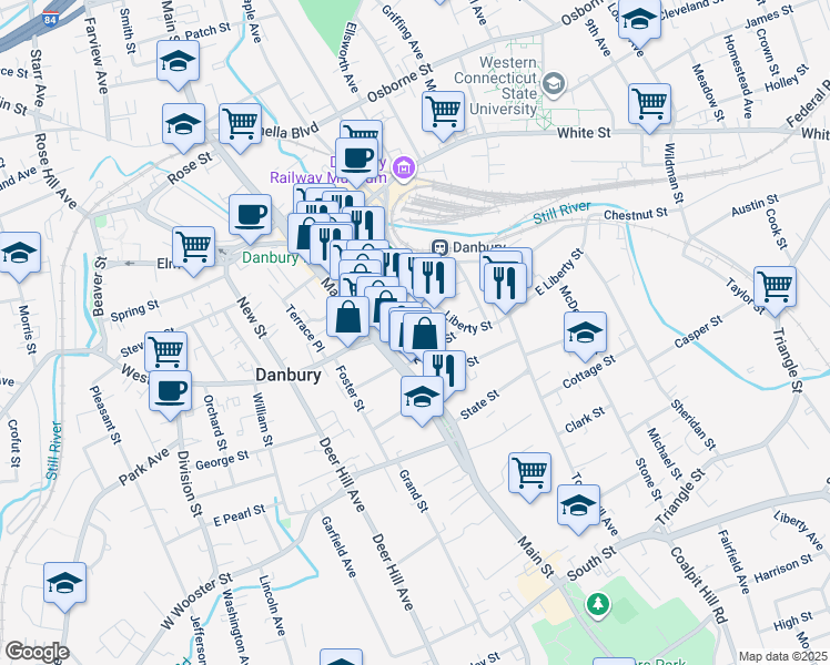 map of restaurants, bars, coffee shops, grocery stores, and more near 161 Main Street in Danbury
