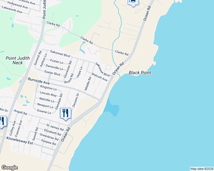 map of restaurants, bars, coffee shops, grocery stores, and more near 10 Walcott Avenue in Narragansett