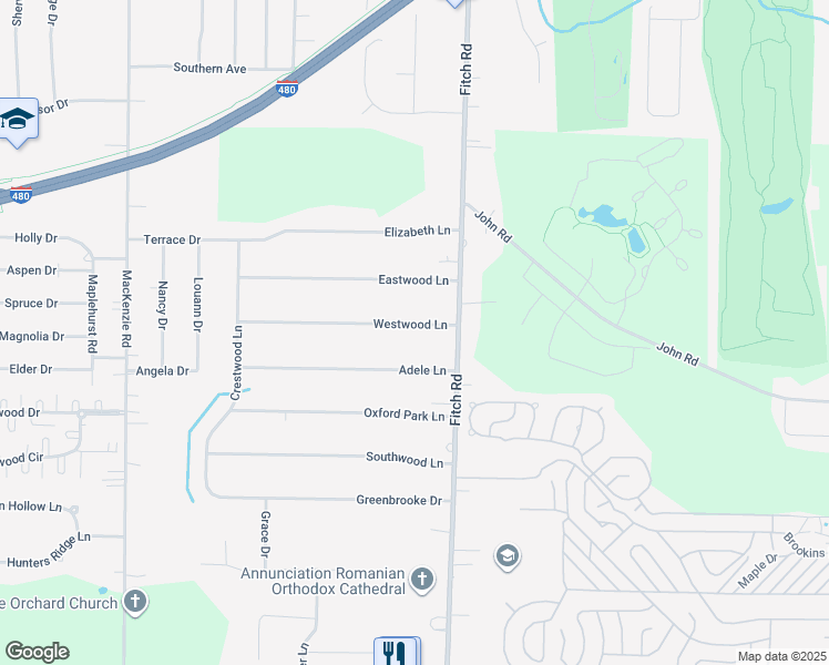 map of restaurants, bars, coffee shops, grocery stores, and more near 26908 Westwood Lane in Cuyahoga County