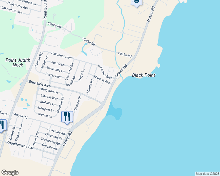 map of restaurants, bars, coffee shops, grocery stores, and more near 10 Walcott Avenue in Narragansett