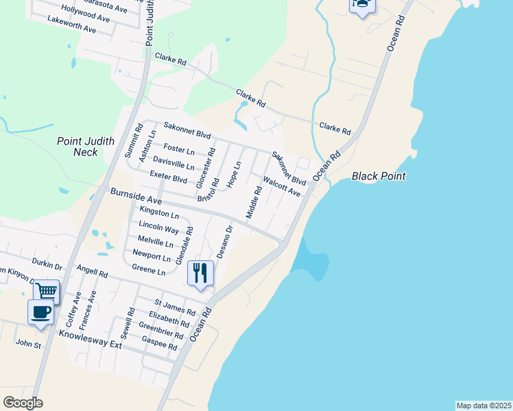 map of restaurants, bars, coffee shops, grocery stores, and more near 14 Milkay Way in Narragansett