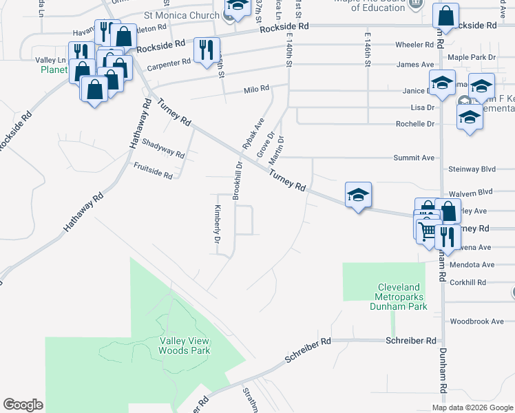 map of restaurants, bars, coffee shops, grocery stores, and more near 6437 Farmington Drive in Garfield Heights