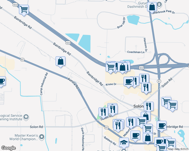 map of restaurants, bars, coffee shops, grocery stores, and more near 32435 Bainbridge Road in Solon