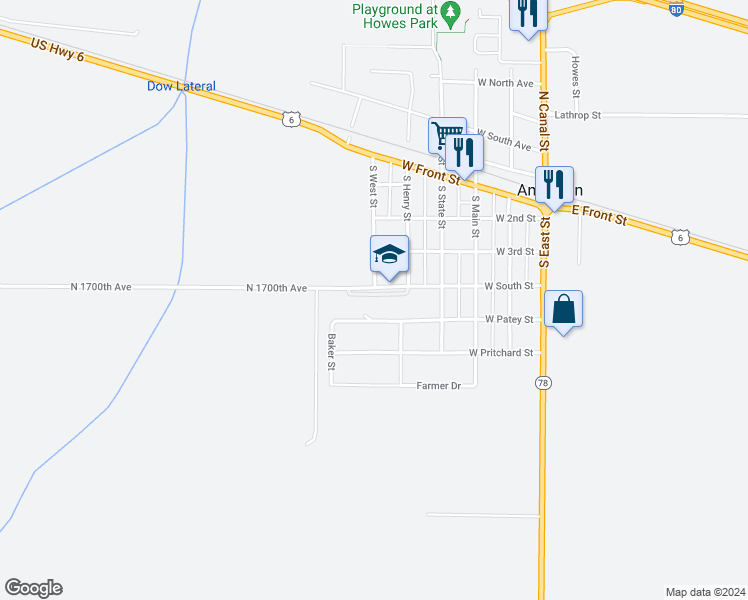 map of restaurants, bars, coffee shops, grocery stores, and more near 501 West South Street in Annawan