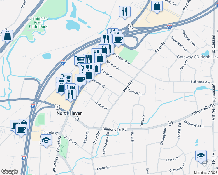 map of restaurants, bars, coffee shops, grocery stores, and more near 29 George Street in North Haven